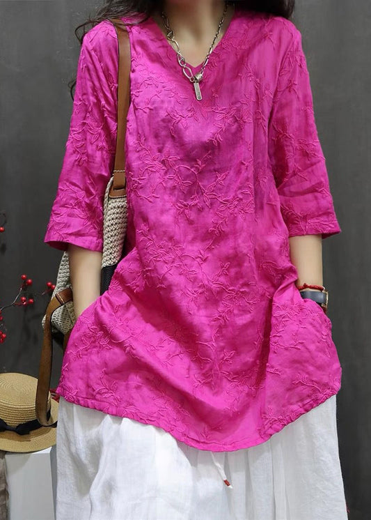 Rose V Neck Embroidered Side Open Top Spring