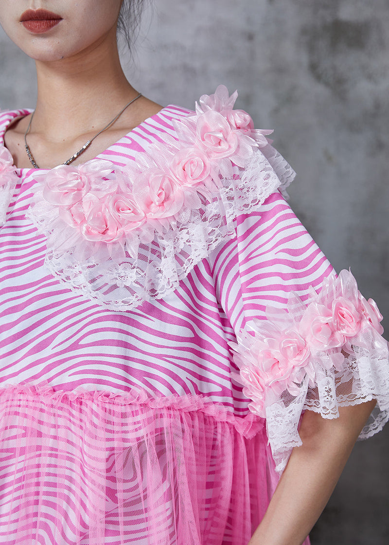 Pink Striped Patchwork Tulle Mini Dress Summer