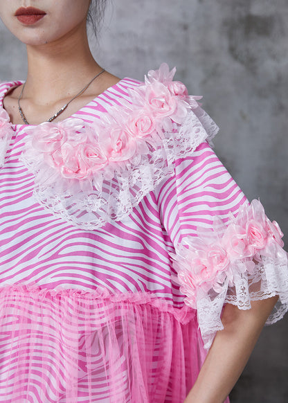 Pink Striped Patchwork Tulle Mini Dress Summer