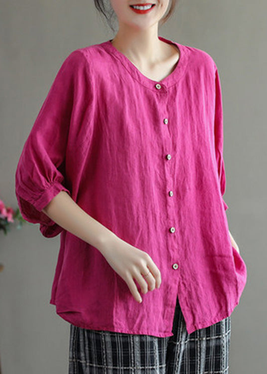 Rose O-neck Button Low High Design Linen Shirt Half Sleeve