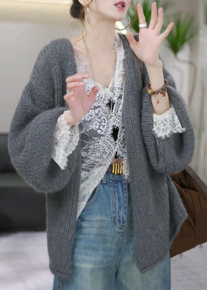 Simple Yellow V Neck Cotton Knit Cardigans Winter