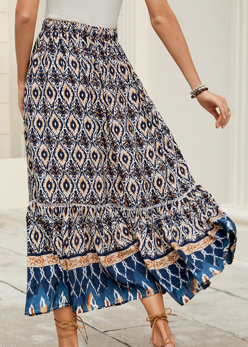 Navy Print Elastic Waist Skirts Summer