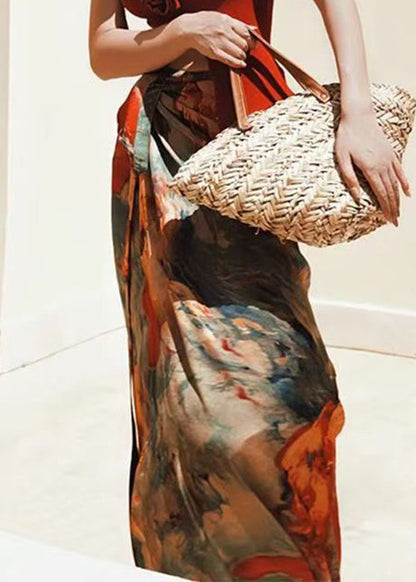 Loose Print Lace Up High Waist Silk Skirts Summer