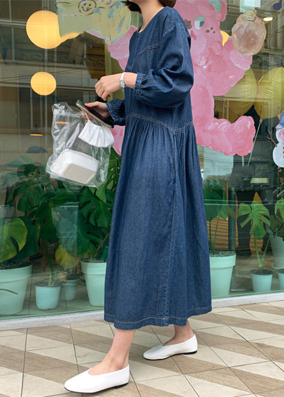 Denim Blue O-neck Wrinkled Patchwork Long Dress Spring