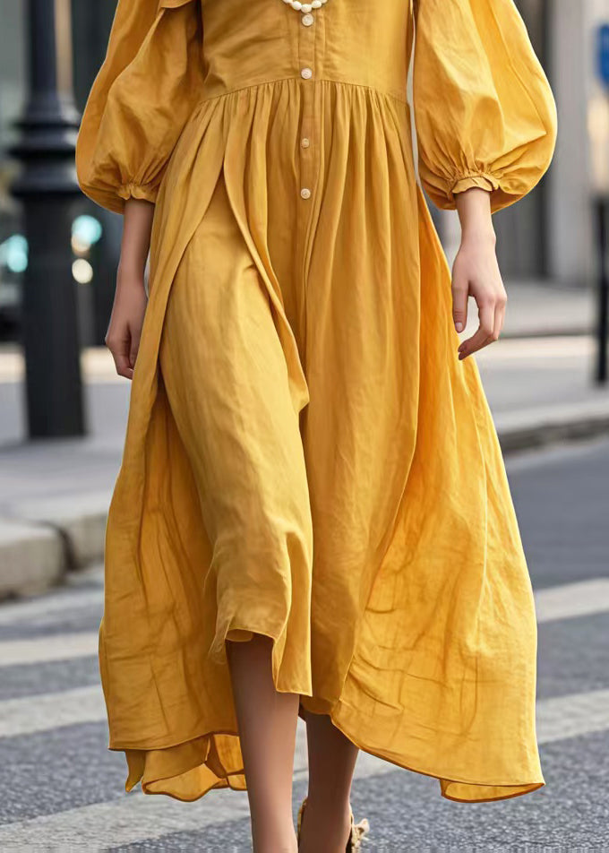 Yellow V Neck Cotton Holiday Dress Lantern Sleeve