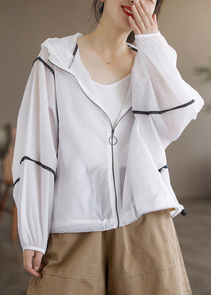 Style White Hooded Zippered Cotton Upf 50+ Coat Jacket Long Sleeve
