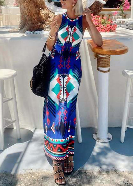 Organic Blue O Neck Print Cotton Long Dresses Sleeveless