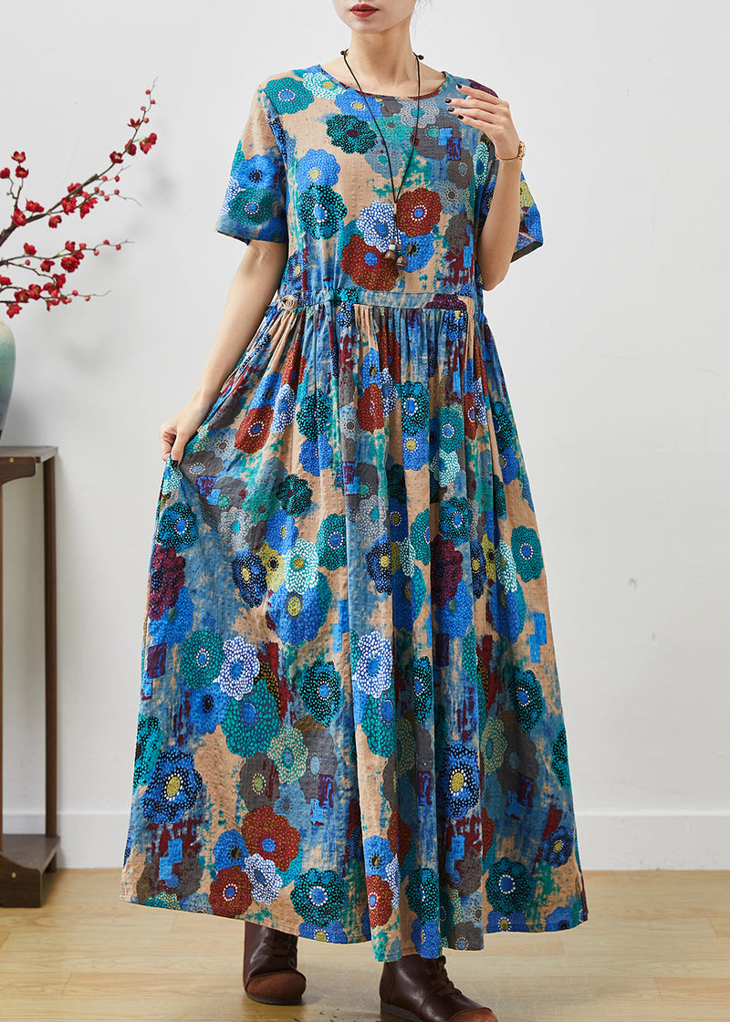 Blue Cinched Exra Large Hem Cotton Dress Summer