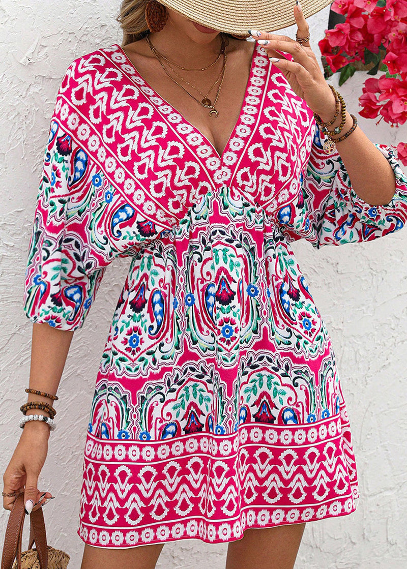 V Neck Print Chiffon Mid Dresses Summer