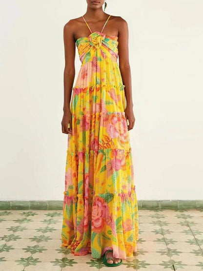 Printed Design Hanging Neck Backless Straight Maxi Dress