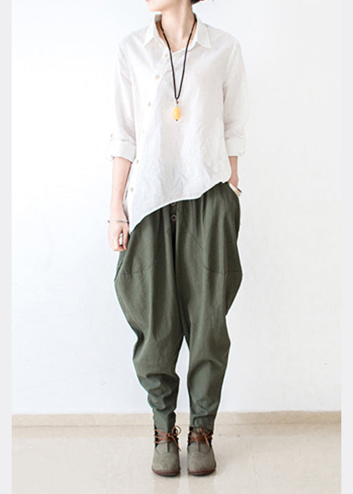 Autumn Tea Green Linen Pants Oversized Cotton Harem Pants Trousers