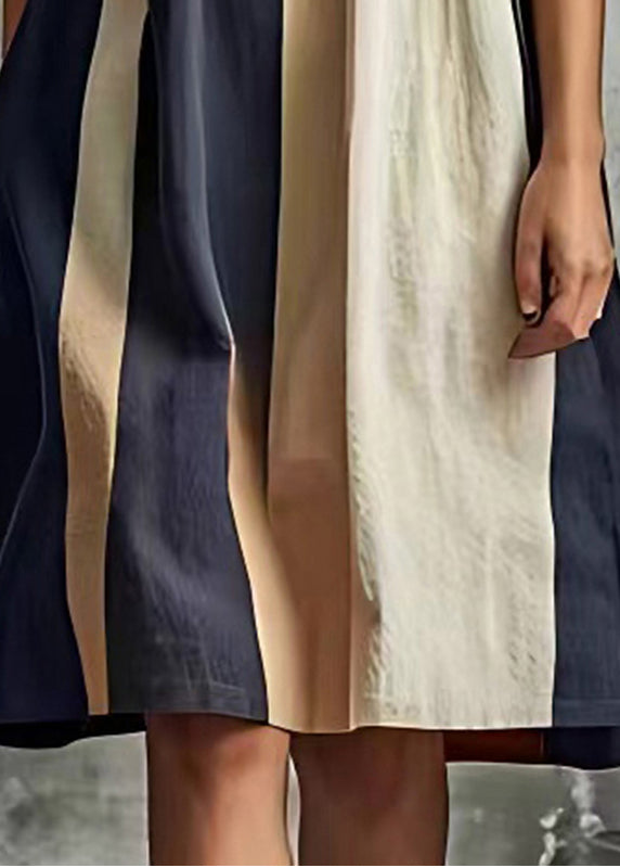 Loose Colorblock O-neck Patchwork Cotton Dress Flare Sleeve