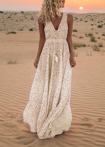 Blue V Neck Dot Print Chiffon Dress Sleeveless