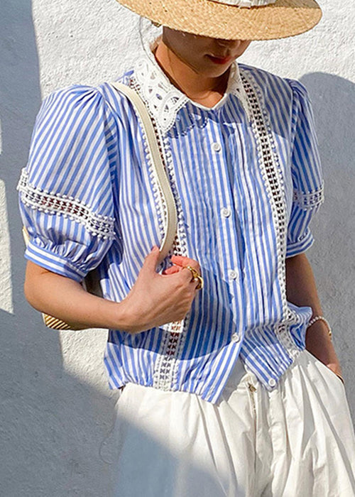 Blue Striped Hollow Out Cotton Blouses Summer