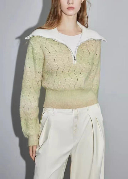 Green Zip Up Hollow Out Wool Knit Sweater Winter