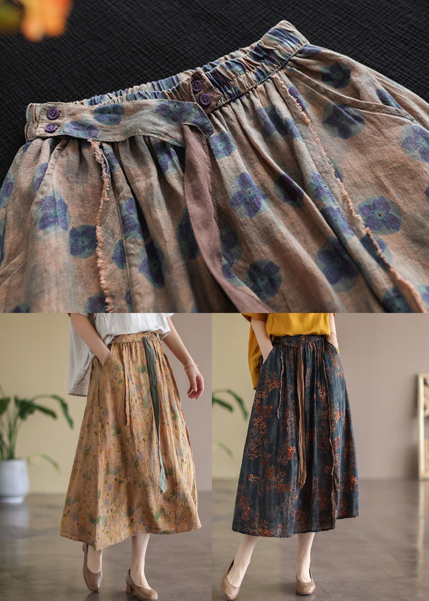 Chocolate Print Patchwork Linen Skirts Spring
