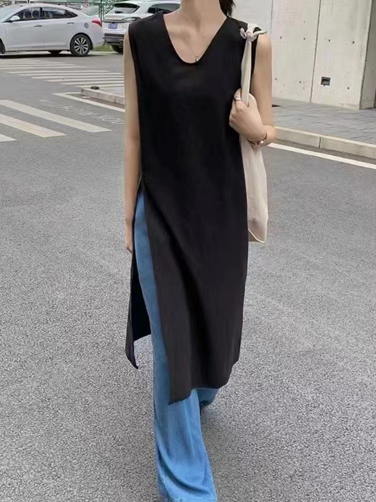 Linen Slit Sleeveless Simple Dress