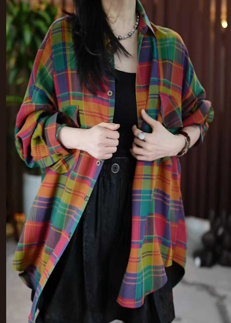 Peter Pan Collar Pockets Plaid Cotton Shirts Coats Fall