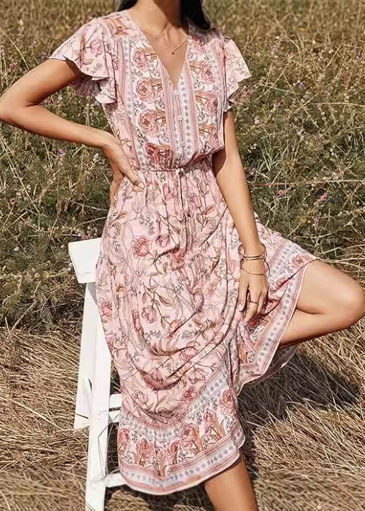 Pink V Neck Print High Waist Long Dresses Summer