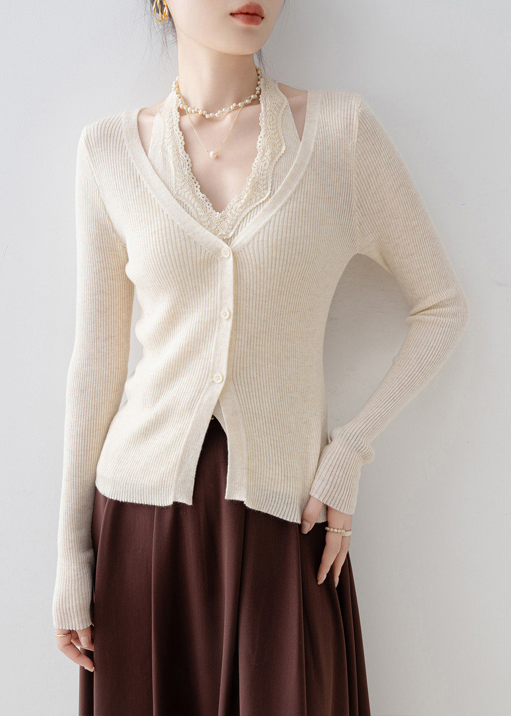 Apricot V Neck Lace Patchwork Knit Sweater Spring