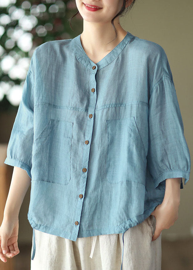 Light Blue Pockets Linen Shirt Tops Color Drawstring Bracelet Sleeve