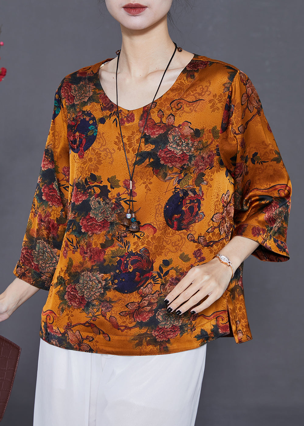 Orange Oversized Print Silk Top Bracelet Sleeve