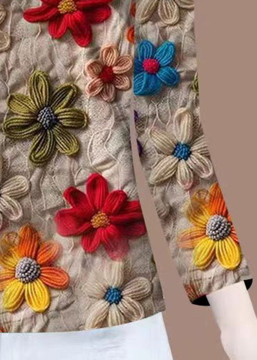 Khaki O Neck Patchwork Cotton T Shirt Fall