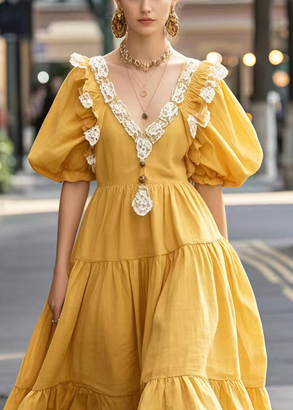 Yellow Puff Sleeve Patchwork Lace Vacation Dresses