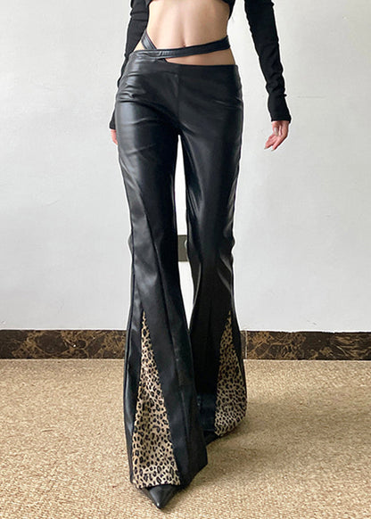 Black Asymmetrical Leopard Patchwork Pu Pants Spring