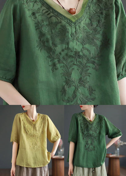 Boutique Yellow V Neck Embroidered Patchwork Linen T Shirt Summer