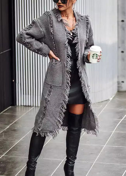 Black Pockets Tassel Long Knit Cardigan Spring