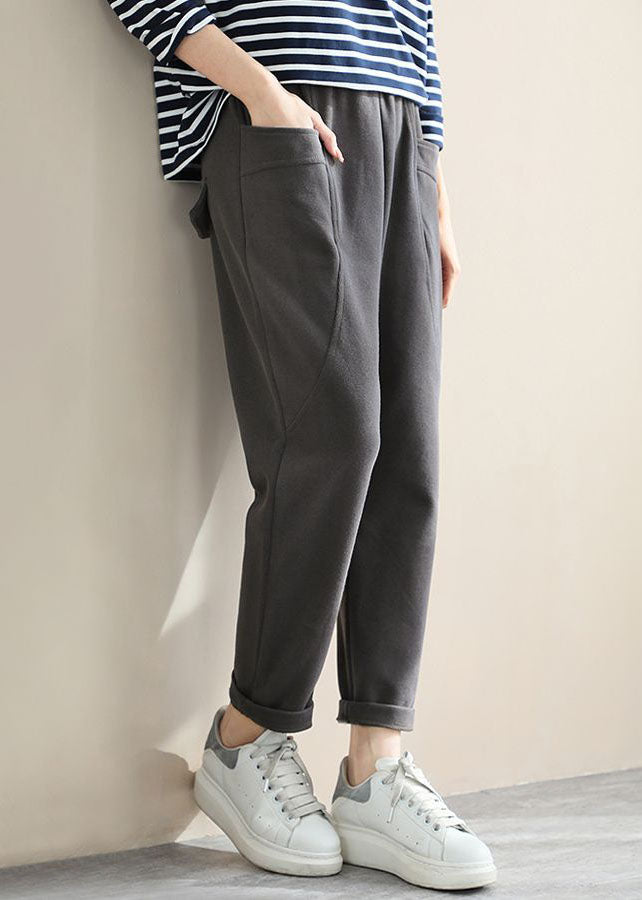 Grey High Waist Pockets Cotton Crop Pants Spring