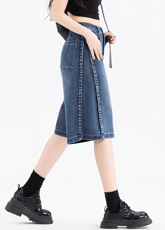 Black Pockets Patchwork Denim Crop Pants Summer