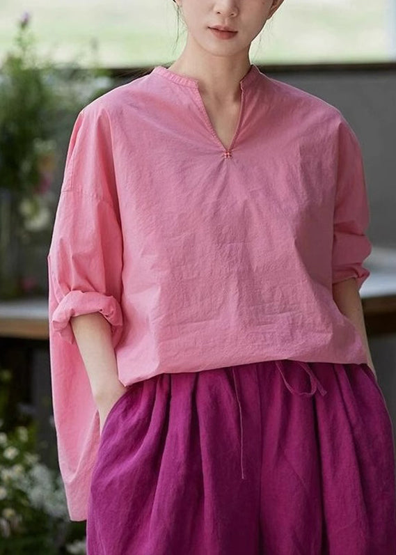 Pink V Neck Side Open Cotton Blouses Fall
