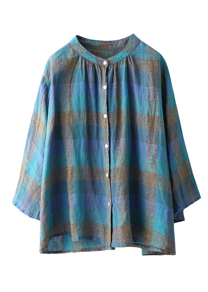 Blue O Neck Plaid Linen Top Flare Sleeve