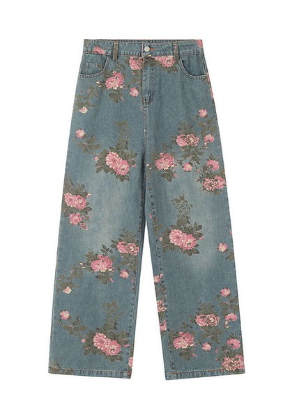 Stylish Blue Pockets Print Denim Straight Pants Spring