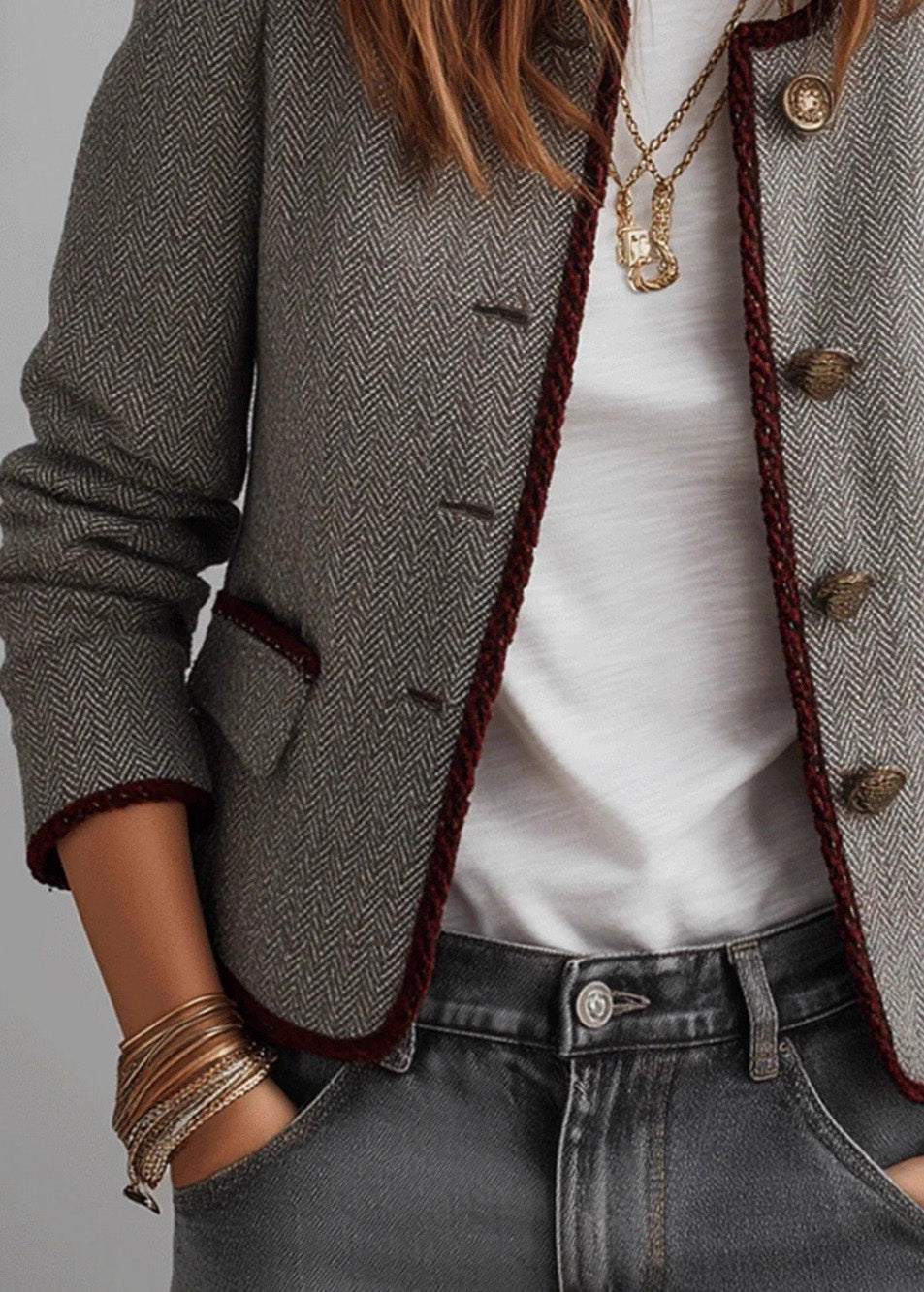 Grey O Neck Button Cotton Short Coat Fall