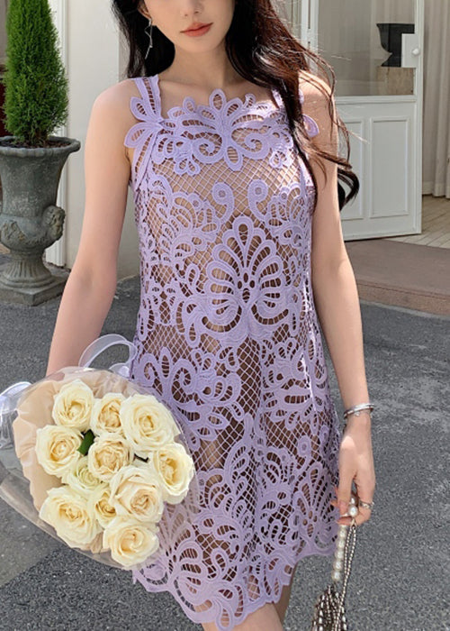 Purple Lace Spaghetti Strap Dress Hollow Out Summer