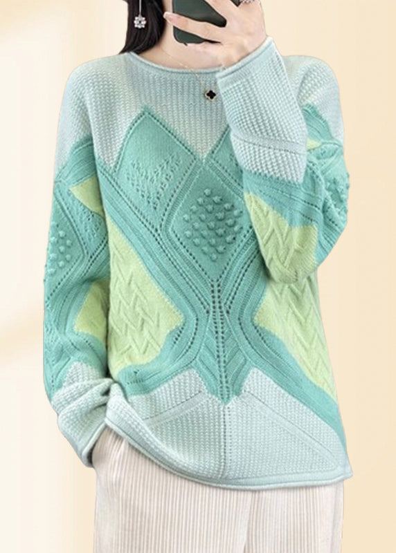 Green O-neck Plaid Cotton Knit Sweaters Fall