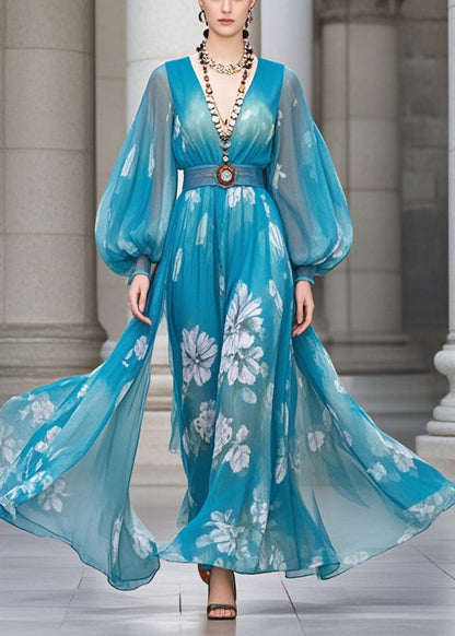 Blue Cinched Print Chiffon Robe Dresses Lantern Sleeve