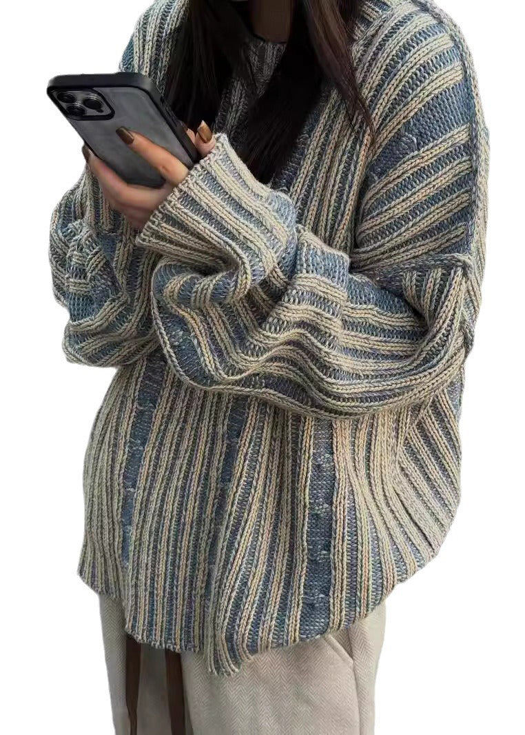 Boutique Blue O Neck Thick Striped Knit Sweaters Fall