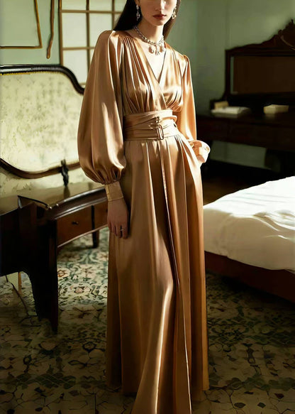 Caramel Cinched Ice Silk Long Dress Spring