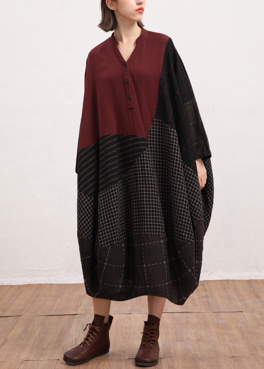 Red V Neck Plaid Patchwork Linen Dress Batwing Sleeve