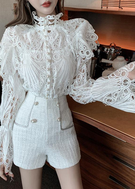 White Turtleneck Embroidered Lace Shirts Flare Sleeve