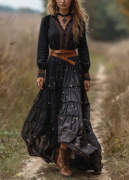 Black Wrinkled Patchwork Cotton Long Dresses Fall