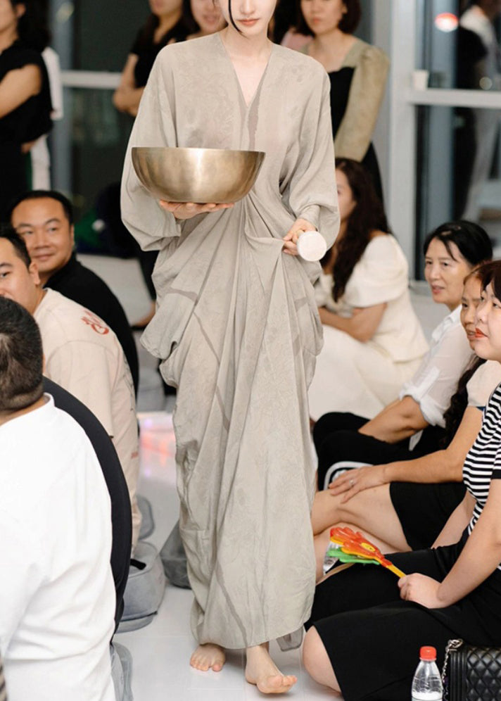 New Grey V Neck Cotton Maxi Dresses Long Sleeve