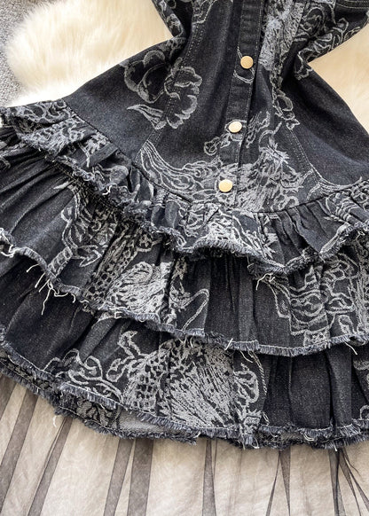 Black Patchwork Tulle Denim Strapless Dress Summer