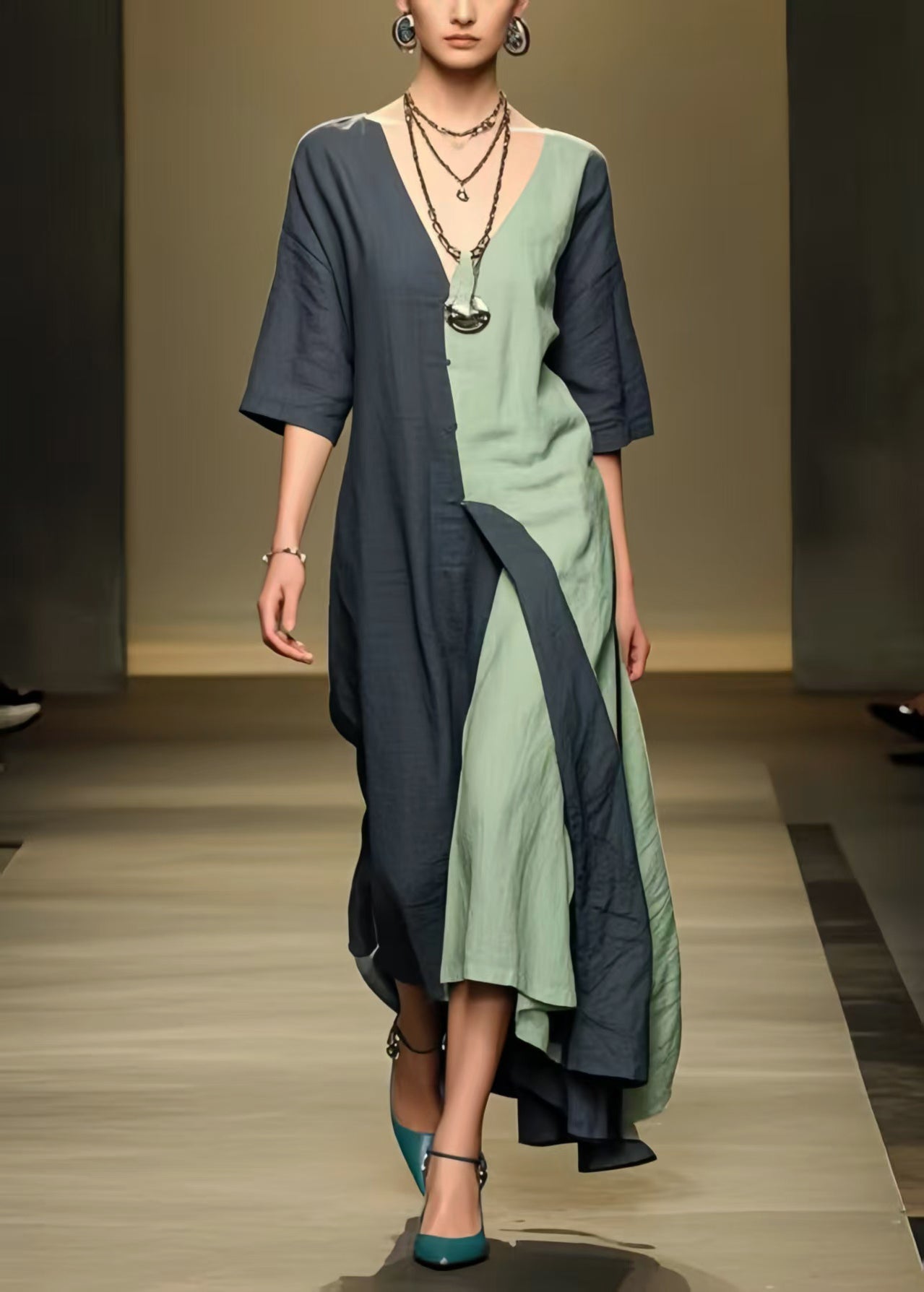 Black Asymmetrical Patchwork Cotton Ankle Dress Summer