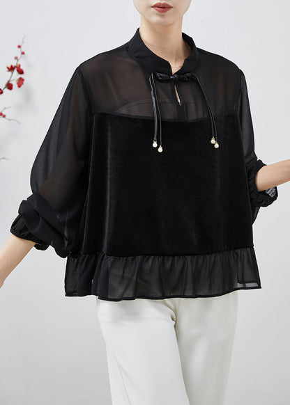 Black Tasseled Patchwork Chiffon Shirts Spring