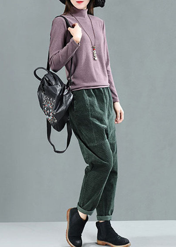 Green Elastic Waist Patchwork Corduroy Harem Pants Fall
